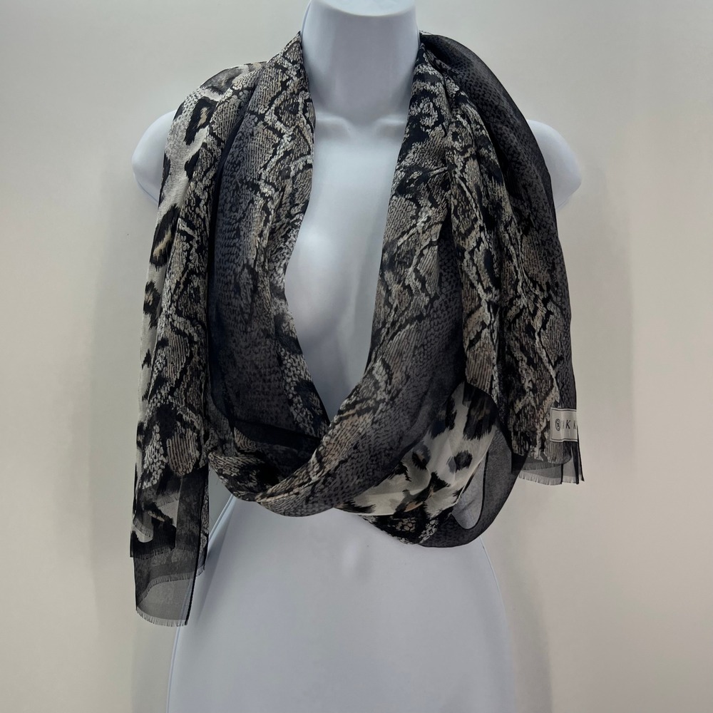 Vakko Womens 100% Silk Sheer Scarf Gray Black Snakeskin Leopard Animal Print